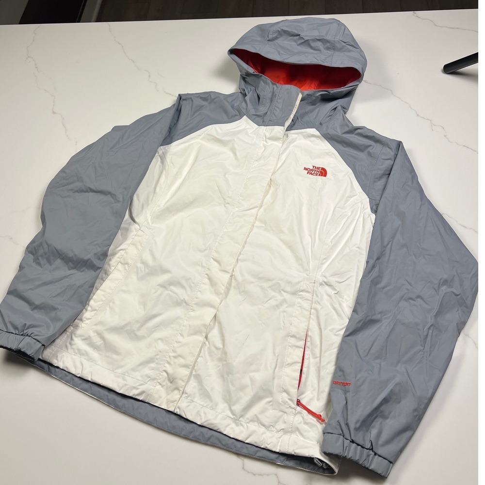 The North Face DryVent Rain Jacket Womens Medium White Grey Hooded Windbreaker